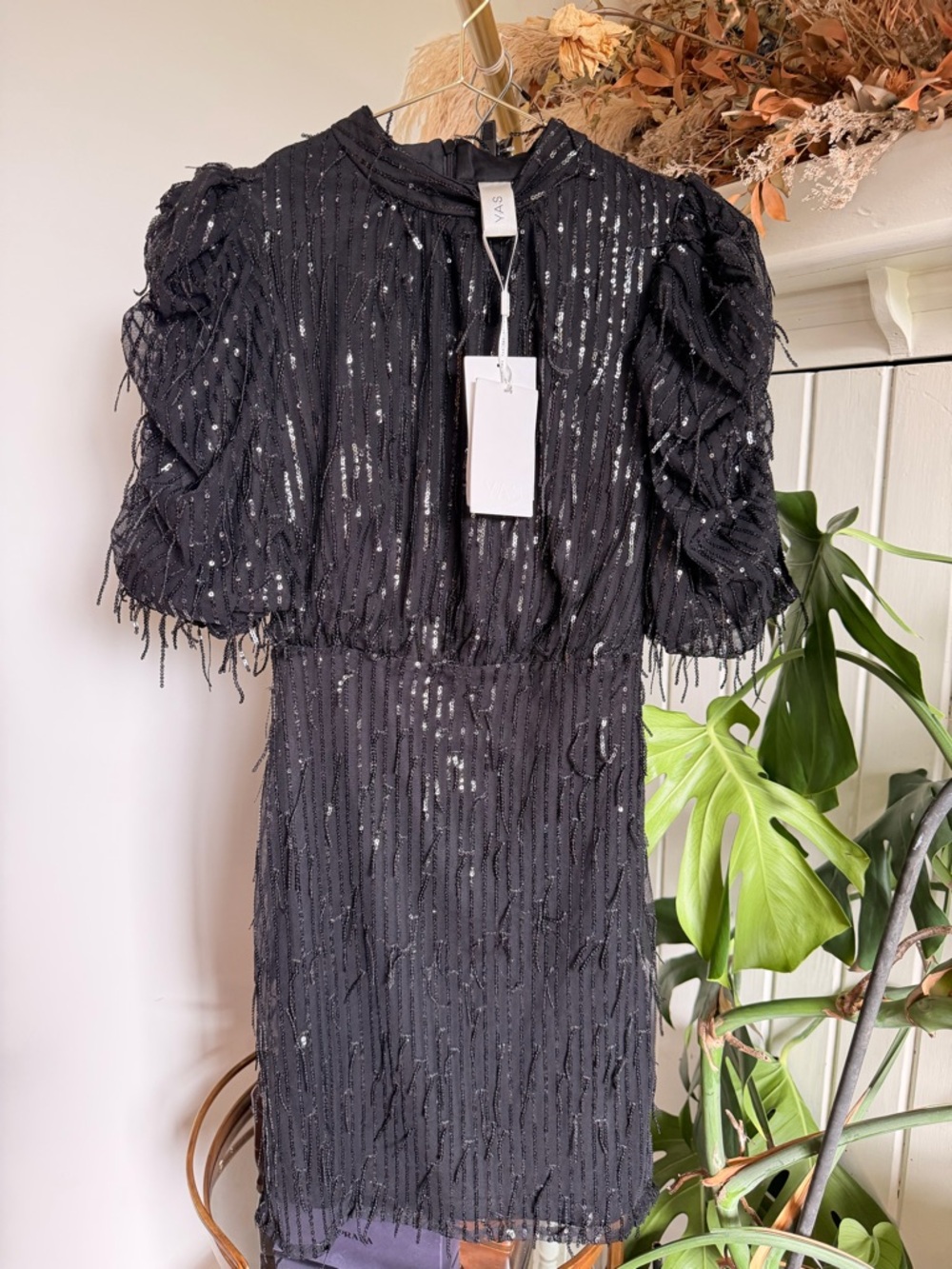 Y.A.S. Black Sequin Puff-Sleeve Cocktail Dress